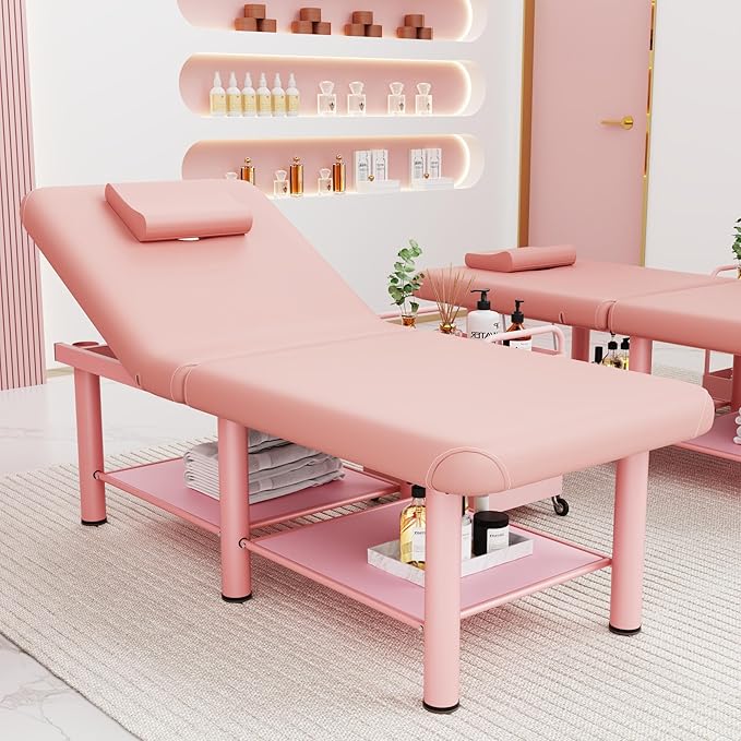 Folding Stationary Massage Table with Backrest and Storage Space, 6 Round Legs Metal Frame PU Leather, 30.5'' Wide × 75'' Long for Treatment Table Physical Therapy Table Spa Facial Bed, Pink