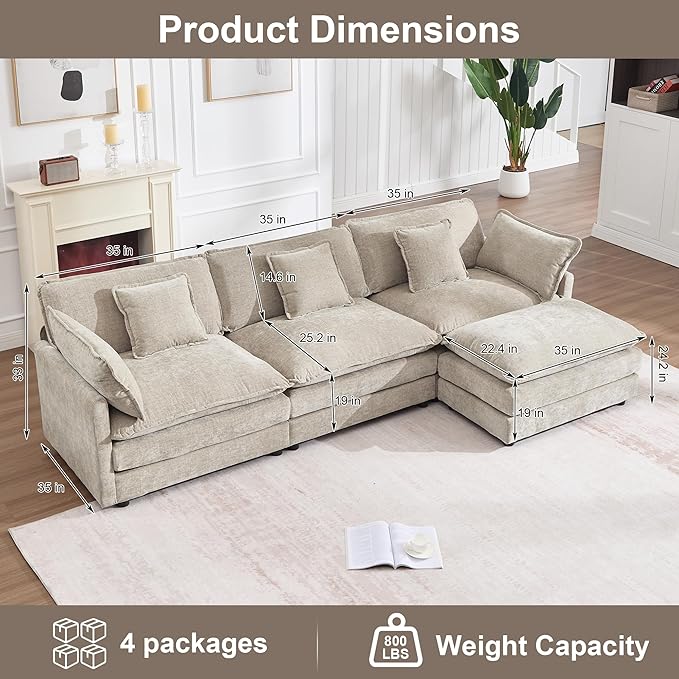 KIVENJAJA 111.5”W Chenille L-Shaped Modular Sectional Sofa, Modern 3-Seater Comfy Deep Seat Cloud Couch with Ottoman/Chaise & 5 Pillows for Living Room Office Apartment, Light Camel