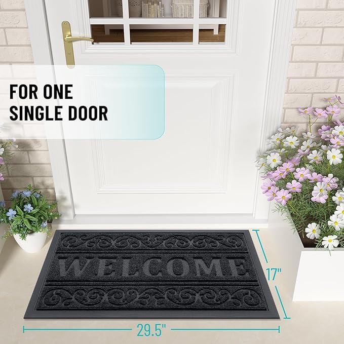 OLANLY Welcome Door Mat Indoor Outdoor Entrance, Heavy Duty Sturdy Front Door Mat, Waterproof All-Weather Doormat, Stain Resistant, Low Profile, Easy Clean Patio Entryway Mat, 47 x 24, Black