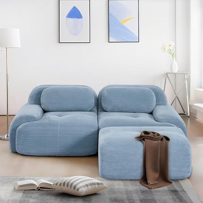 SoarFlash 81” Sectional Cloud Boneless Sofa Couches for Living Room-2 Seater L-Shaped Modern Lounge Couch-No Assembly Modular Corduroy Convertible Sponge Sleeper Sofas with Chaise for Home House,Blue