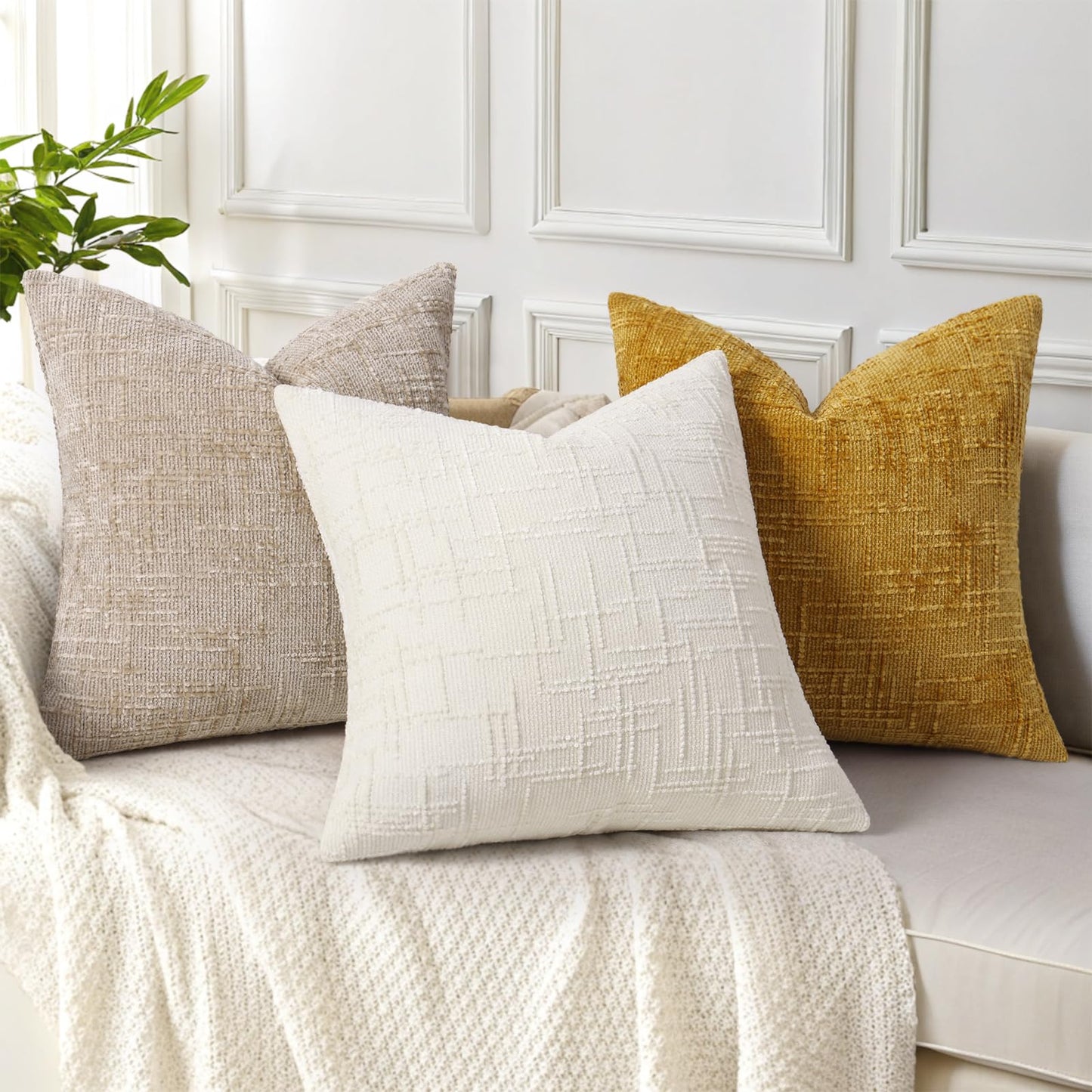 decorUhome Fall Cream White Chenille Throw Pillow Covers 18x18 Set of 2 Thick Textured Slubby Couch Pillow Covers Farmhouse Accent Modern Neutral Decorative Pillow Cases for Bed Sofa Living Room