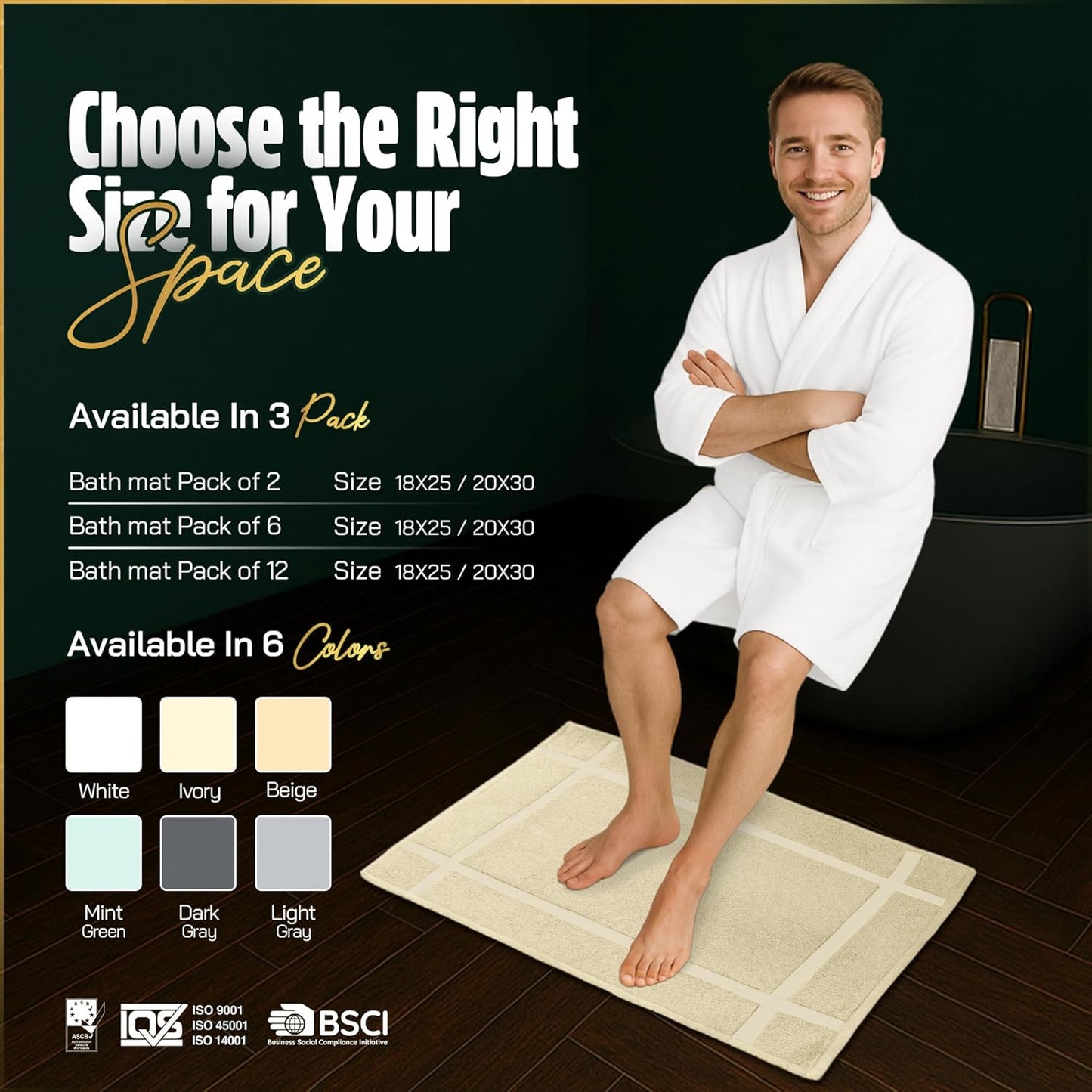 Pearl Linens Pack of 2 100% Cotton Bath Mat 18x25 inches, Soft & Absorbent Quick Dry Bathroom Mat Set, Not Bathroom Rugs, After Shower Mat, Bath Tub Mat, 687 GSM, Machine Washable, Beige