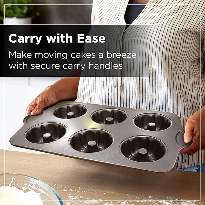 Wrenbury Set of 2 Nonstick Mini Buntz Cake Pan Non Stick for Baking - 6 Cup Bundlette Fluted Cake Tin for Small Cakes - PFOA Free and Dishwasher Safe - 3.75” Cup Width