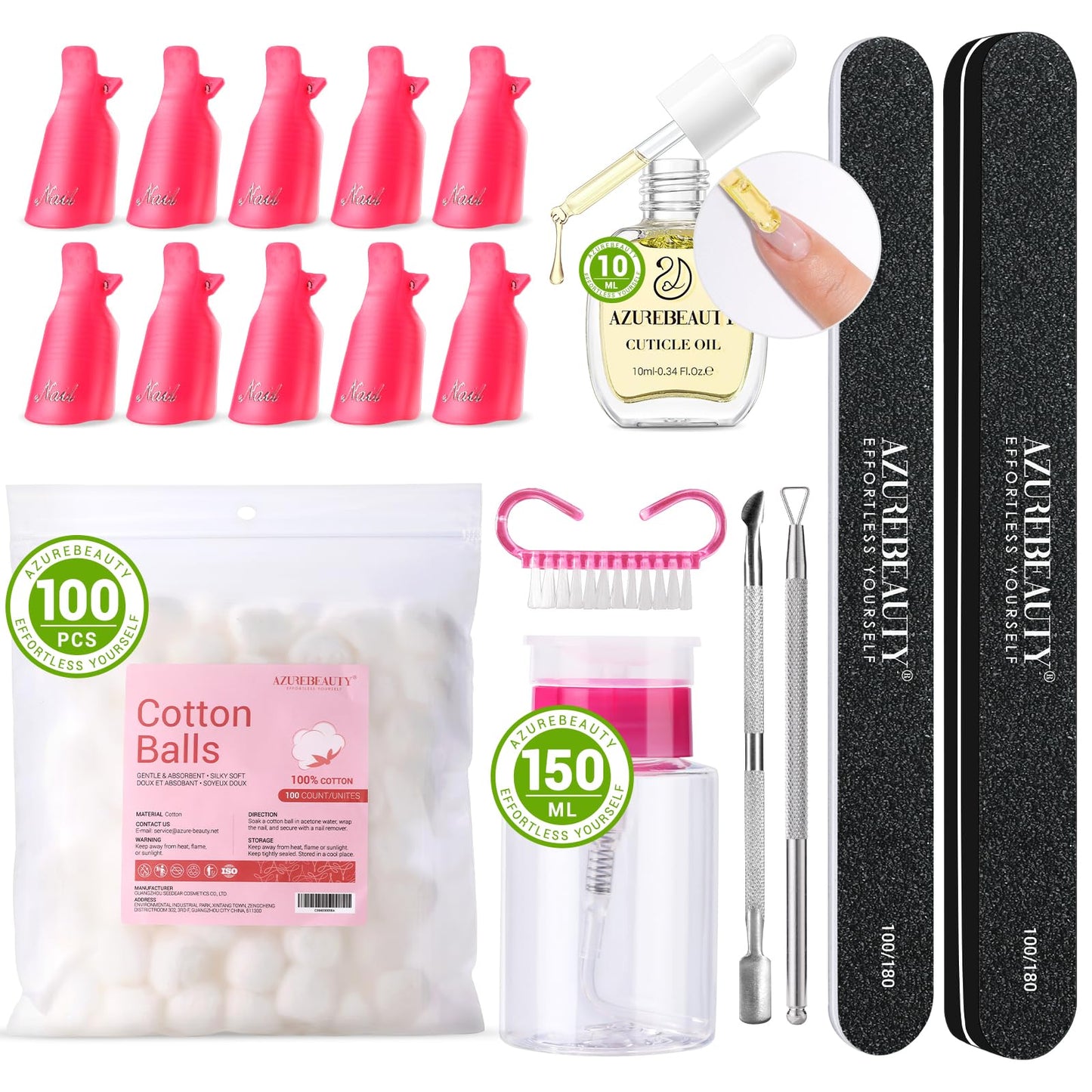 AZUREBEAUTY Nail Polish Gel Remover Tools Kit with 10 ml Cuticle Oil 10 PCS Nail Clips 150ml Remover Bottle Nail Remover Cotton