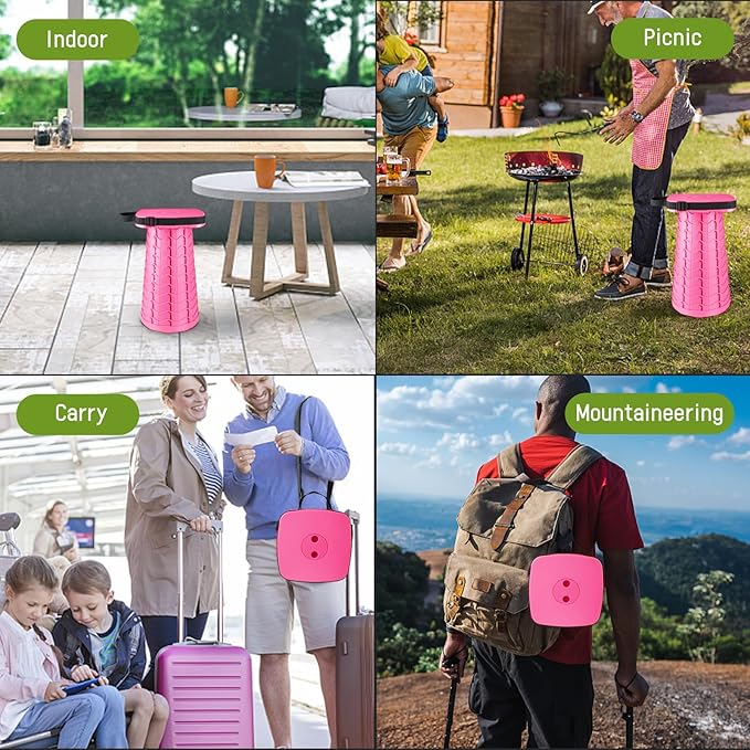 ZTMT Upgraded Folding Stool - 485lbs Load Capacity,Telescopic Stool,Portable Collapsible Seat for Camping,Fishing,Hiking,Travel (Square-Pink)