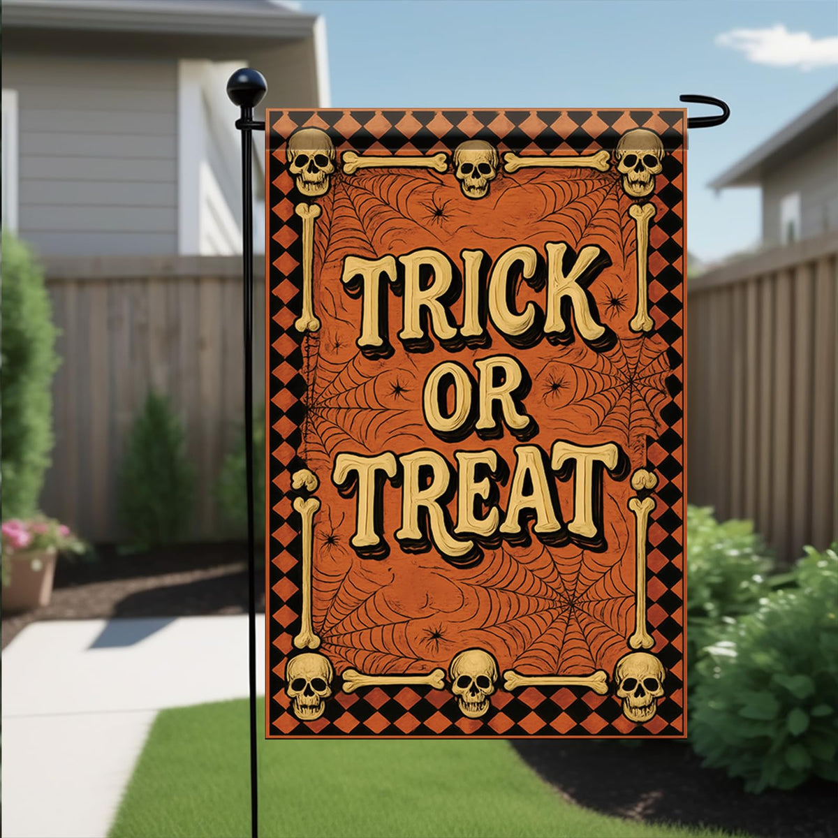 Saoplasa Halloween Garden Flag Trick or Treat Skulls Spider Webs Flag 12x18 Inch Double Sided Outdoor Yard Banner for Halloween Haunted House Spooky Trick or Treat Decoration Decor