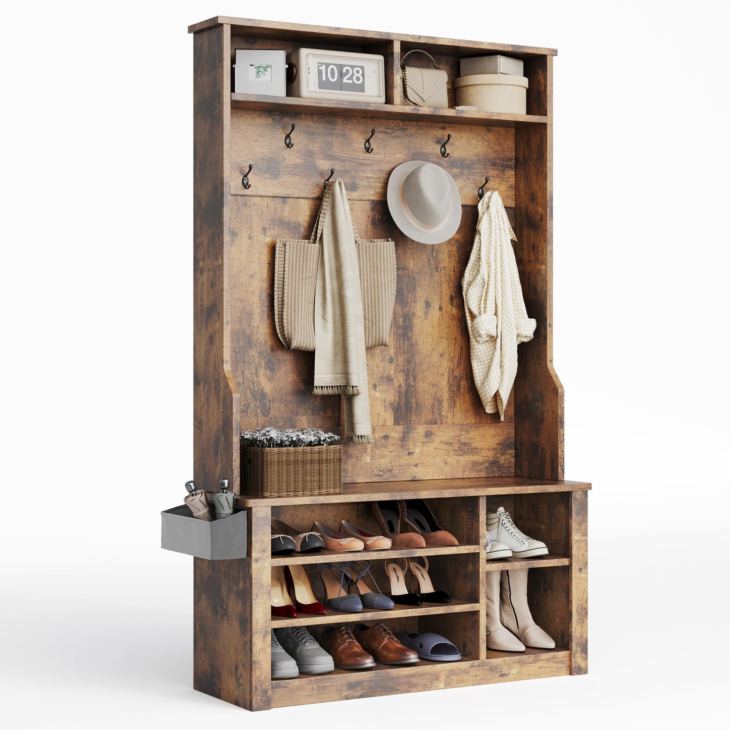Aiho Entryway Hall Tree with Bench and Storage, 3-in-1 Hall Tree with Coat Rack, Adjustable Shoe Bench, 2-Tier top Storage, for Hallway, Entryway, Bedroom, Rustic Brown