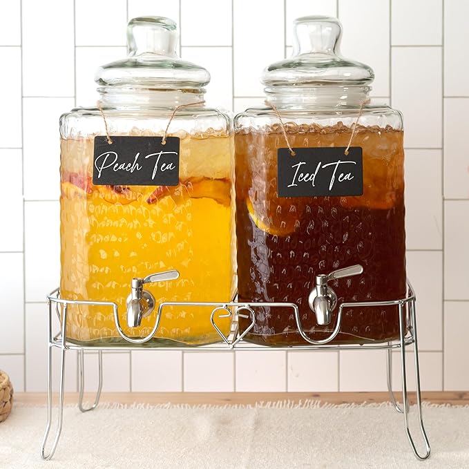 Ilyapa Double Glass Beverage Dispenser with Stand - 2 Gallon Large Drink Dispensers for Ice Water, Lemonade, Juice, Sangri...