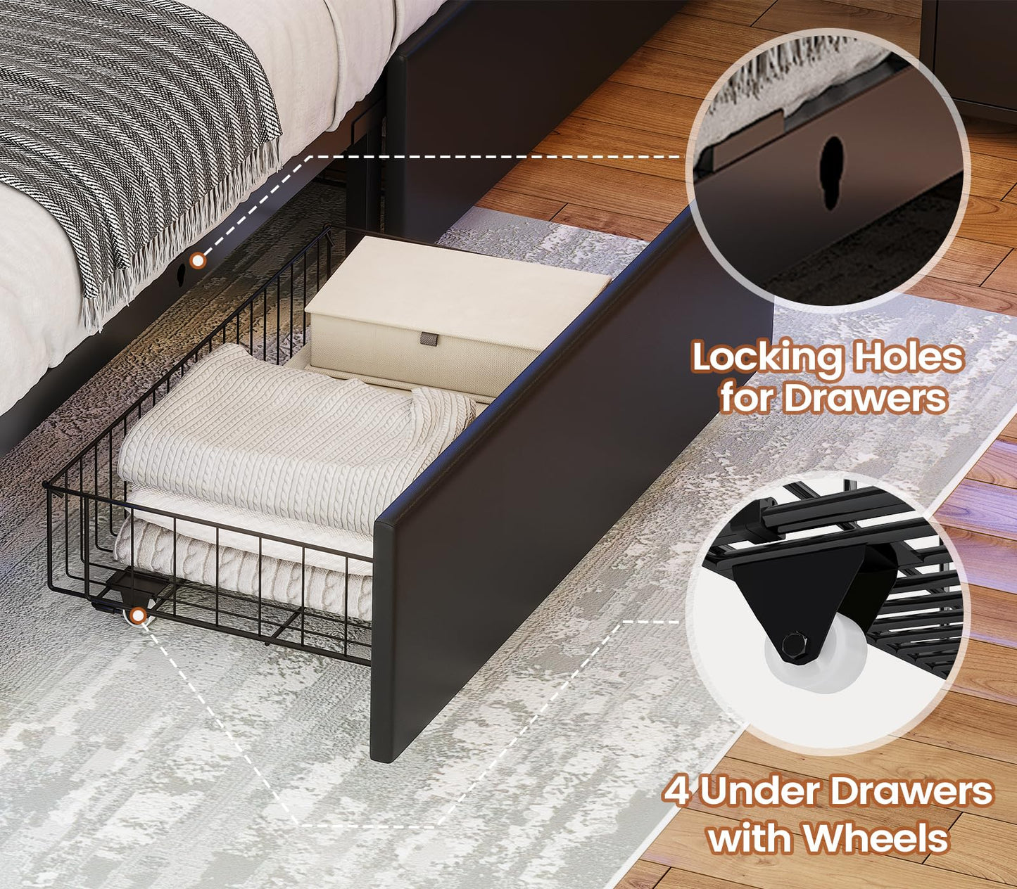 AOGLLATI Twin Bed Frames with 4 Storage Drawers & Headboard, Led Bed Frame Twin with Charging Station, Upholstered Twin Bed with Storage, No Box Spring Needed, Black