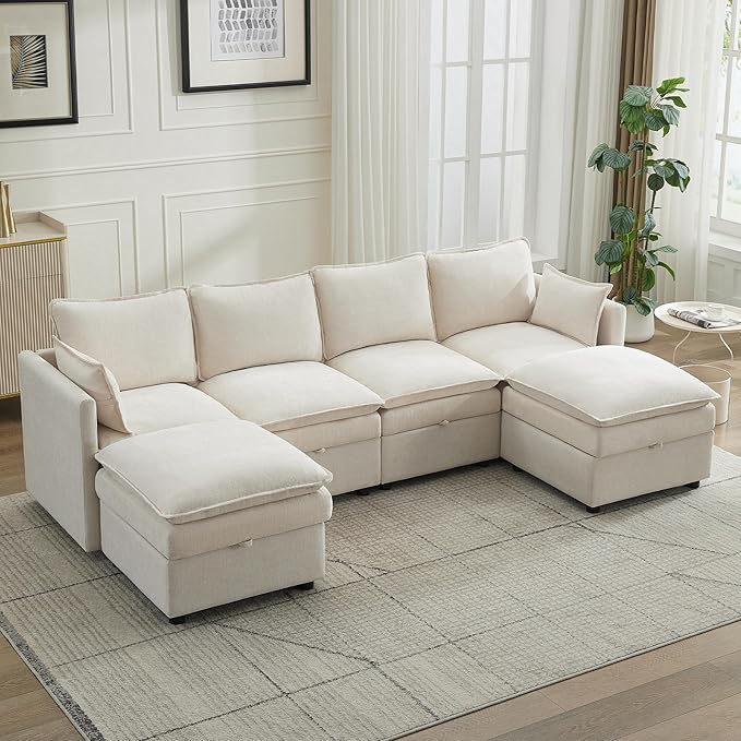 105" Cloud 4 Seater Sectional Modular Couch with 2 Storage Ottoman, Upholstered Storage Sofa Modern Couch Deep Seat, Chenille U Shape Sofa Comfy Couches with Armrests for Living Room, Beige