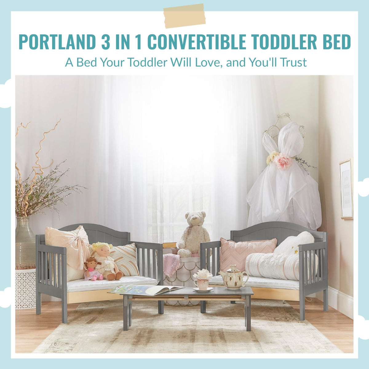 Dream On Me Portland 3 In 1 Convertible Toddler Bed in Steel Grey, Greenguard Gold Certified, JPMA Certified, Low To Floor Design, Non-Toxic Finish, Pinewood