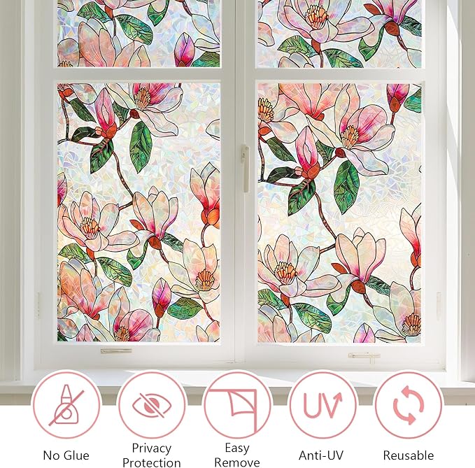 Kromapolis Window Privacy Film, Stained Glass Sticker Floral Window Clings, Decorative Static Clings UV Blocking Colorful Decals, Removable Vinyl Covering Rainbow Magnolia Flowers, 17.5'' x 157.4''