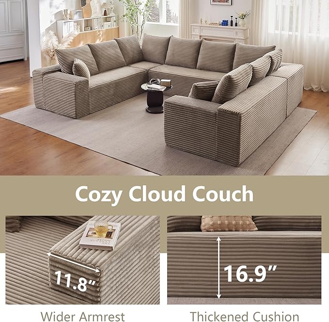 Sectional Cloud Couch for Living Room, Modular Floor Deep-Seat Sofa, Big Comfy Corduroy Couches Set with Fluffy Memory Foam, Stupendous U Shaped Sofas with 12 Pillows, No Assembly Required, Camel
