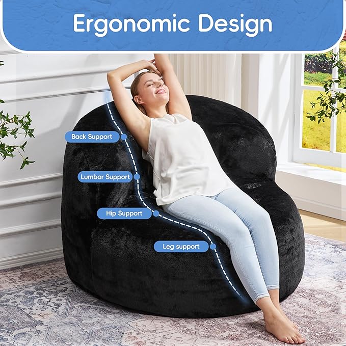 Hobestluk Bean Bag Chair Giant Bean Bag Chairs for Adults Big Bean Bag Chair with Memory Foam Filler Adults Large Beanbag with Faux Fur Cover for Bedroom (Plush Black,Large)