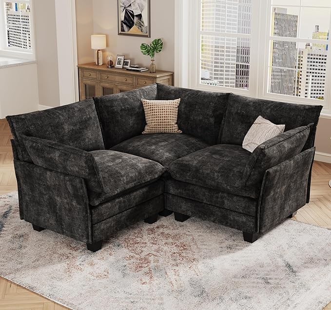 KKL Modular Sectional Sofa, V-Shaped 3 Seater Cloud Couch with Ottoman, Chenille Modern Sectional Couches for Living Room, Apartment Black