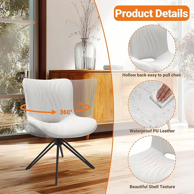 VATROS Dining Chairs Set of 4, 360° Swivel Upholstered Mid-Century Modern Kitchen Dining Room Chairs, Armless Faux Leather Accent Side Chair with Padded Back, Metal Legs for Living Room Bedrooms White