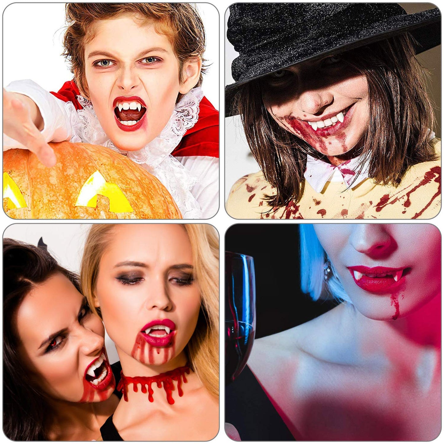 BBTO Set of 8 Vampire Teeth 4 Size Halloween Cosplay Fangs Fake Teeth with Tooth Pellets Adhesive Installation Tools and Instruction Halloween Party Cosplay Dentures Prop(White)
