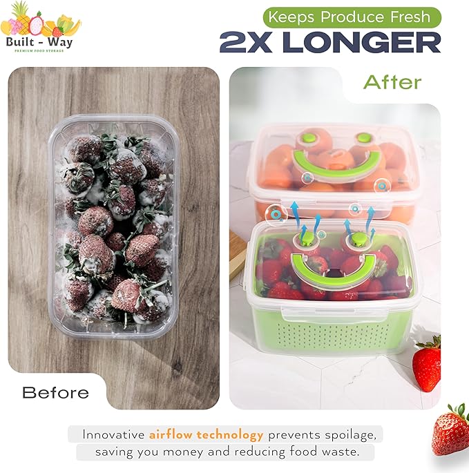 Fruit Storage Smiley Containers for Fridge - Keep Fresh with BPA-Free Lids - Ideal Vegetable & Berry Organizer - 4 Pack Dishwasher Safe Produce Saver - Stackable Containers with Drain Tray