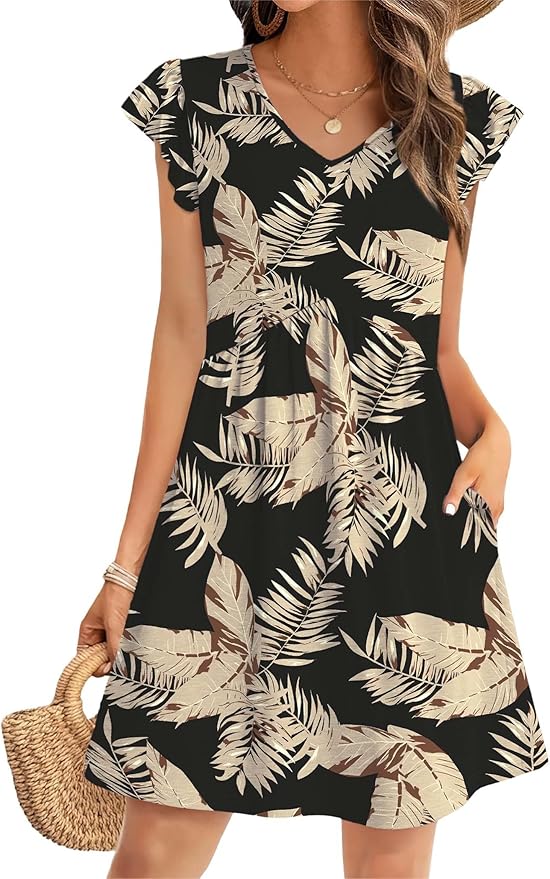 OFEEFAN Summer Dresses for Women Beach Vacation Clothes V Neck Ruffle Sleeve Babydoll Dress Elegant Classy Sundress