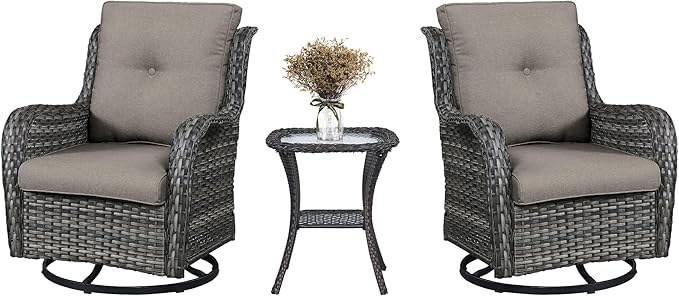 Belord 3 PCS Patio Furniture Set - Mixed Grey Wicker Swivel Rocking Chair Set with Side Table