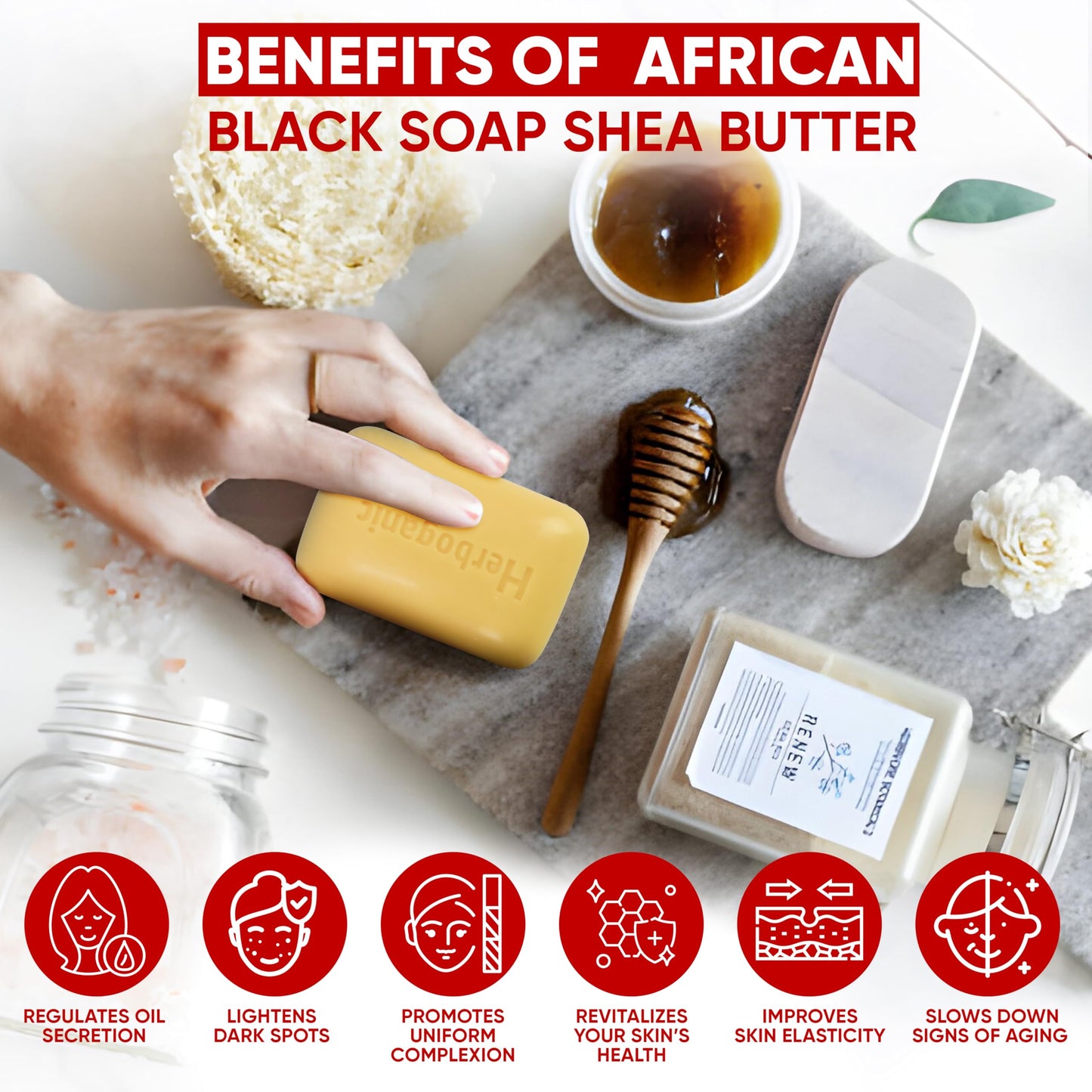 HERBOGANIC Africal Black soap With Shea Butter Herbal Soap | Pack of 3 of 5oz soap Bar | Natural Bar Soap for Face and Body | Hy