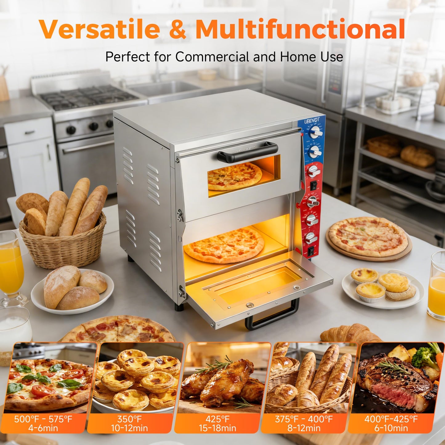 LEEVOT Commercial Double Deck 16 Inch Electric Pizza Oven | 3600W Countertop Pizza Maker with Pizza Stone for Restaurant, Food Truck & Indoor Use | ETL Certified, 120V