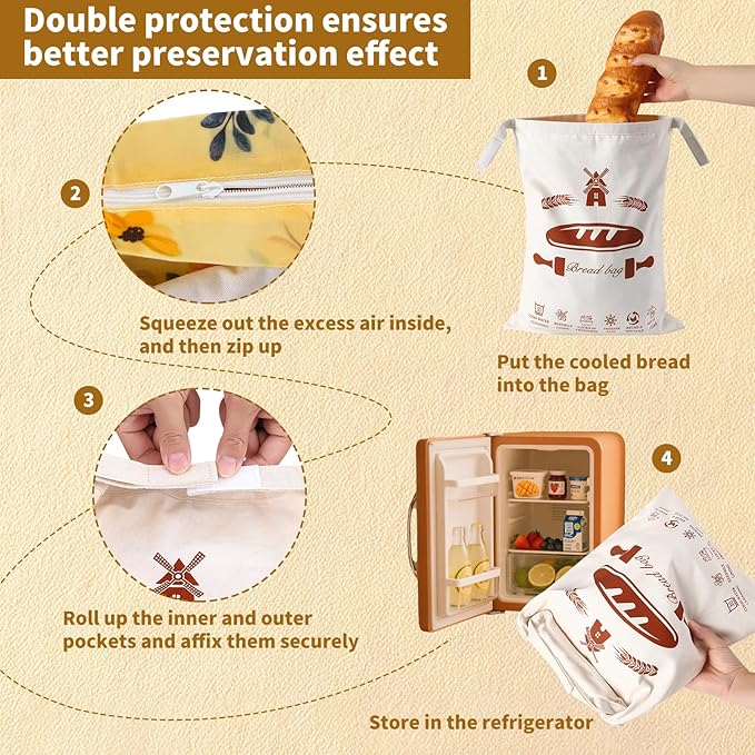 Beeswax Bread Bags with Zipper for Homemade Bread & Sourdough, Reusable Natural Cotton Lined Storage with Easy-Clean Detachable Design, Freezer Safe Freshness Bag