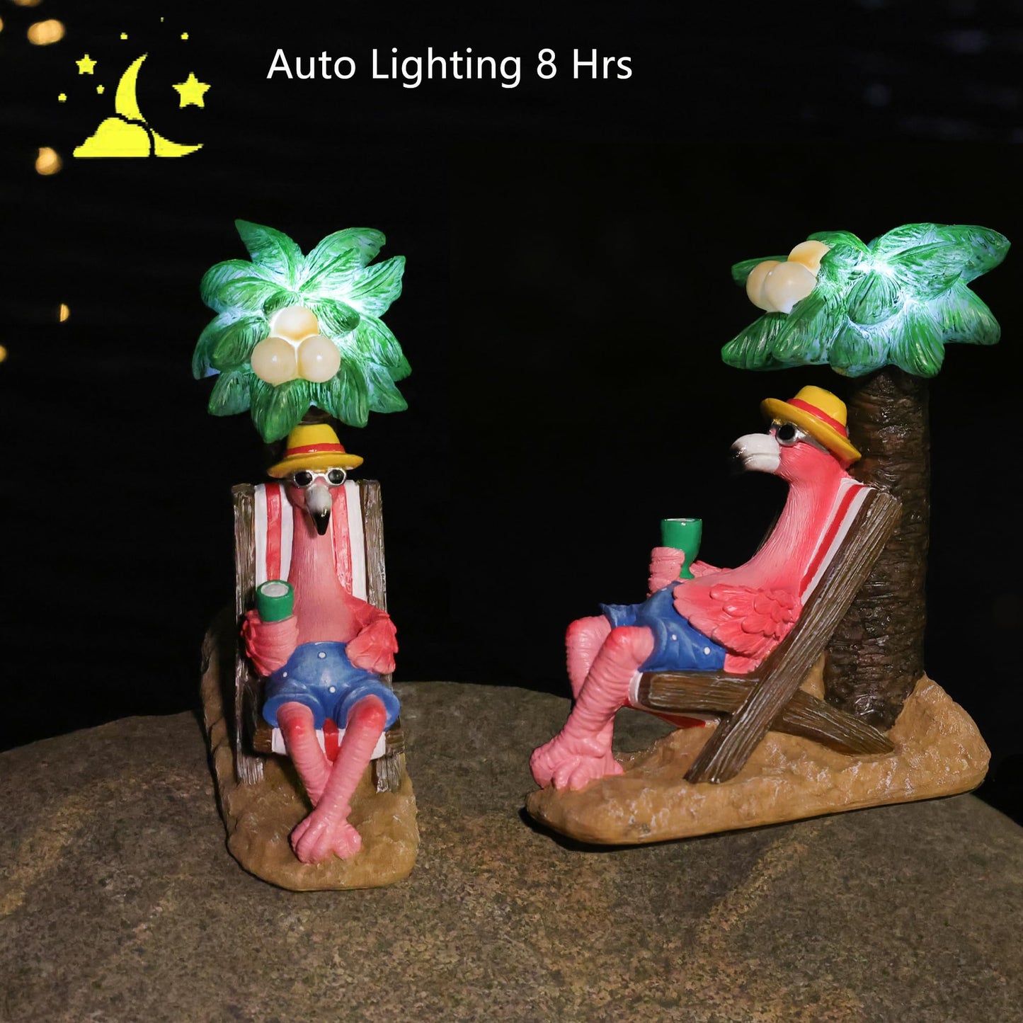 EPTUEGA Pink Flamingos for Yard-Solar Garden Statues Gifts - Flamingos on Beach Vacation Light up Coconut Tree for Outdoor Lawn Yard Decor