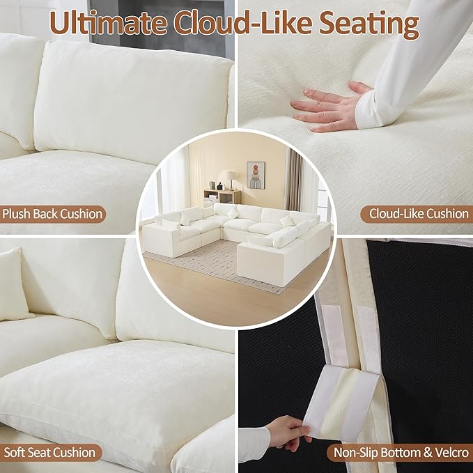 155''Cloud Boneless Sectional Couch, Modular Sectional Sofa Deep Seat, Oversized Upholstered Convertible Comfy 8 Seater Chenille Memory Foam Sofa U Shape Couches for Living Room, Beige