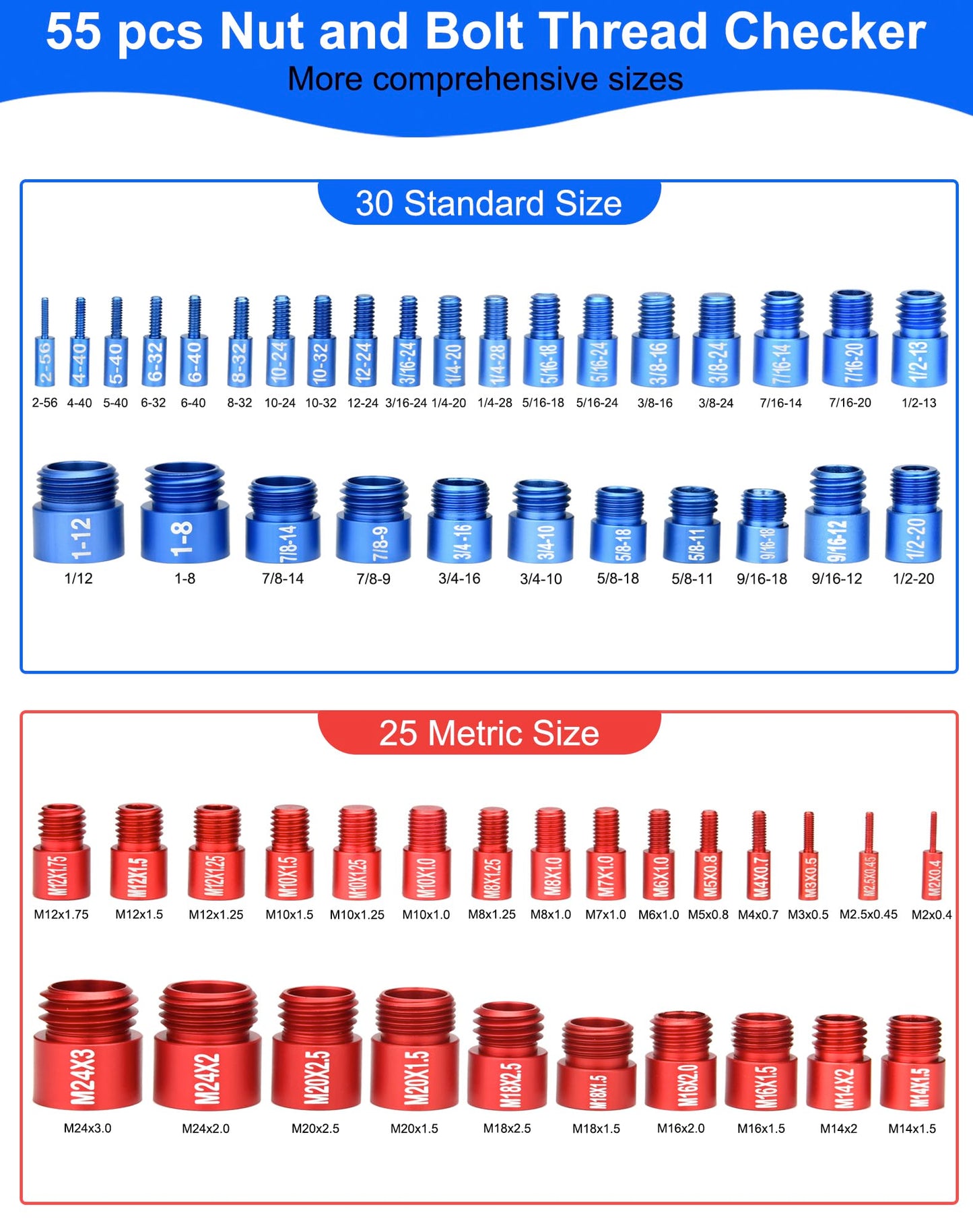 VEXTHYX 55Pcs Thread Checker, Nut and Bolt Measuring Tool(25 Metric & 30 Standard), Bolt Size and Thread Gauge Finder with Storage Box, Suitable for inspecting in Narrow and Tricky Areas