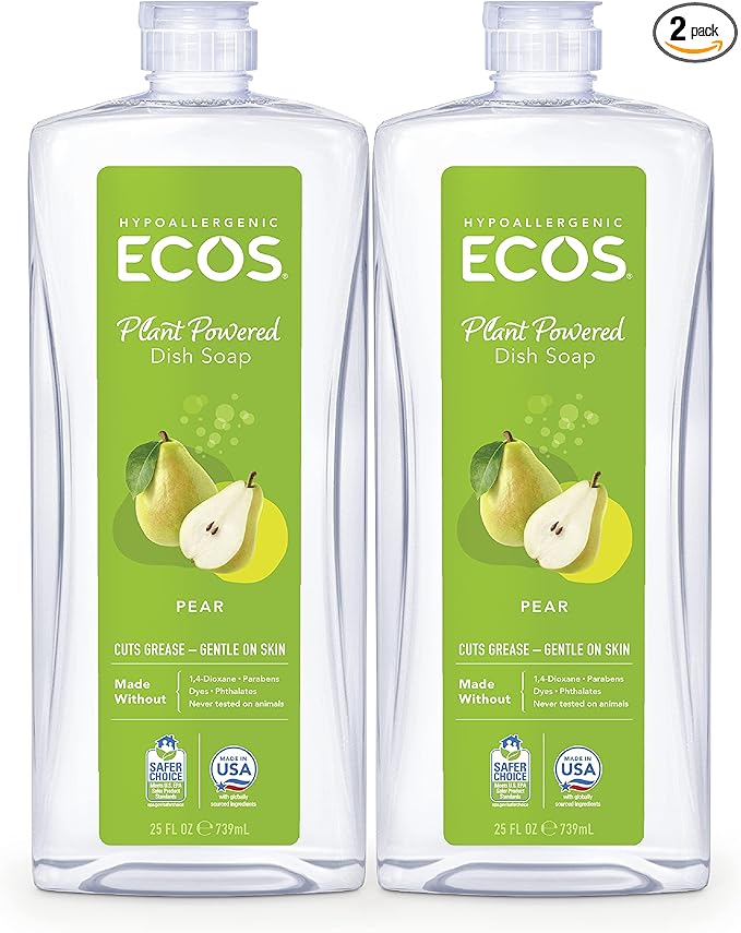 ECOS Dish Soap - Cuts Grease & Food Residue - No Harsh Chemicals - Hypoallergenic for Sensitive Skin - Biodegradable Formula, Recyclable Sustainable Liquid Dishwashing Soap - Natural Pear (Pack of 2)