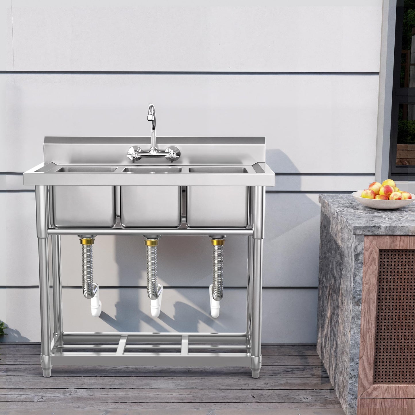YITAHOME Freestanding Commercial Restaurant Kitchen Sink NSF Stainless Steel 3 Compartment Bowl Outdoor Sink with Storage Shelve for Restaurant, Garage (39"x 18"x 37")