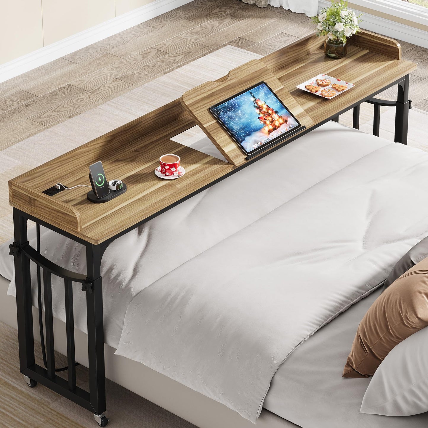 Condemo Overbed Table with Wheels and Height Adjustable, 71 inch Queen Size Bed Table with Adjustable Tilt Board, Mobile Laptop Cart Computer Desk with Outlets & USB Ports, Light Brown