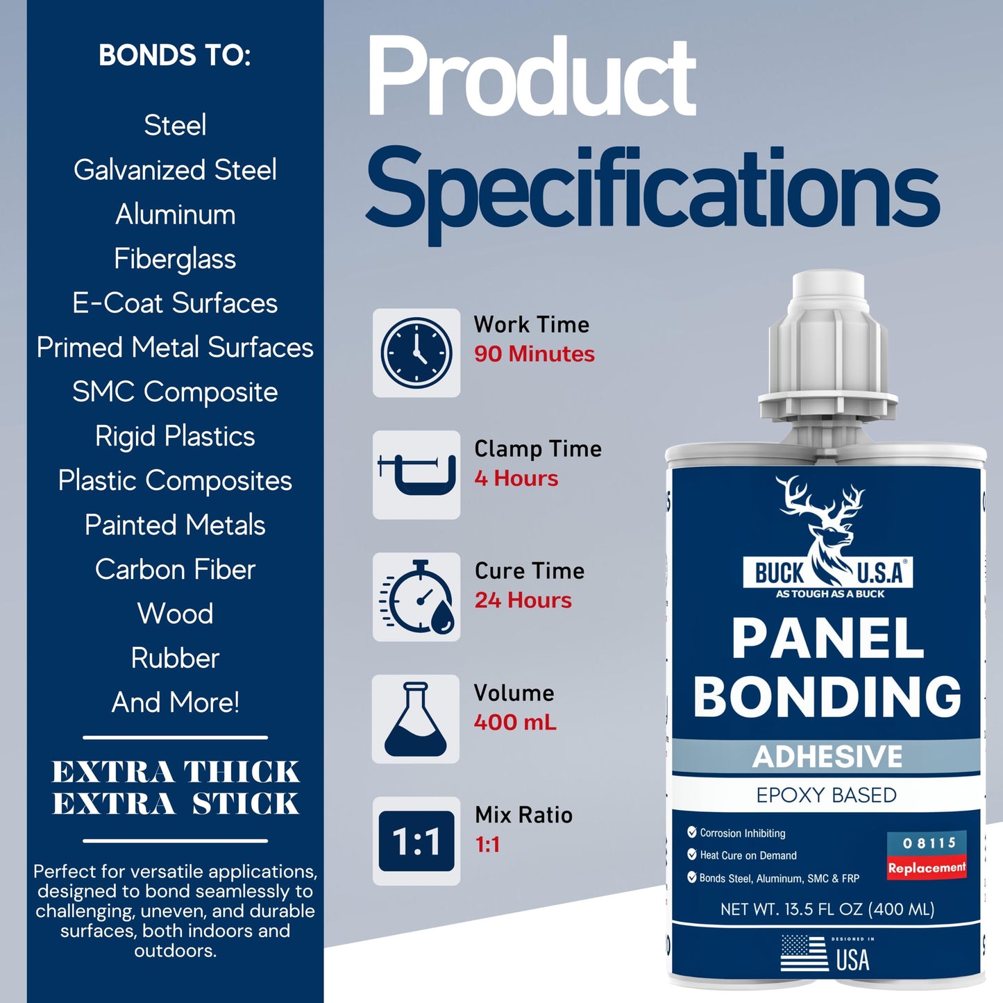 Buck Panel Bonding Adhesive 08115, Two-Part Epoxy, 400 ml Cartridge, Replacement for 3M Panel Bonding Adhesive, Bonds Metal & Composites for Auto Body Panel Repair, OEM Recommended, Black, 1 Pack
