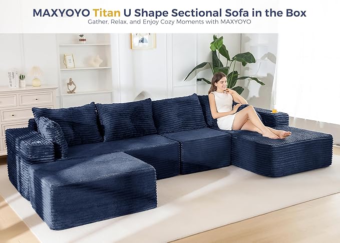 MAXYOYO 132" Giant U-Shaped Modular Sectional Couch, Modern Boneless Couch for Living Room, Sofa in A Box, Oversized Sofa Sleeper with Deep Seat, No Assembly Required, Navy