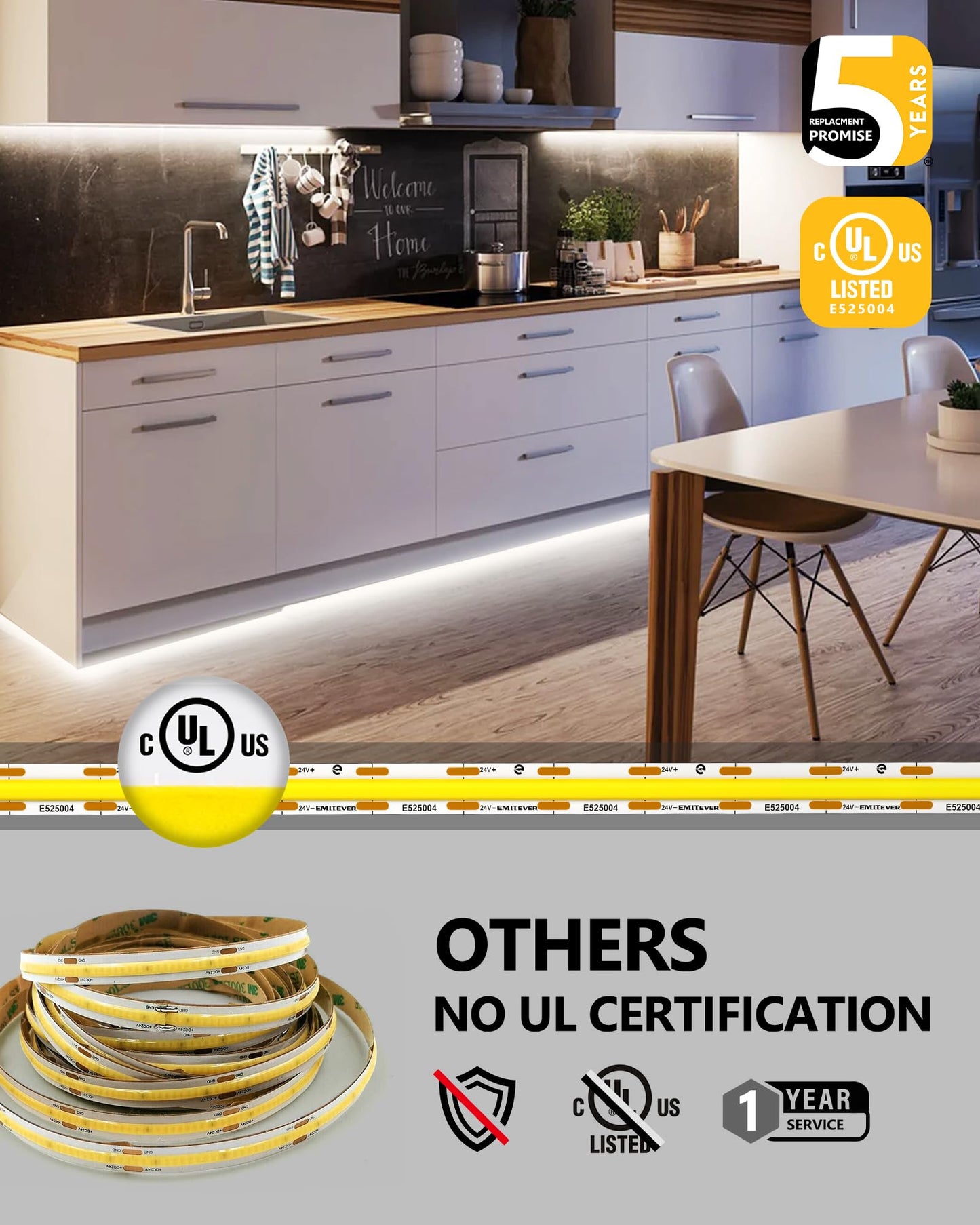 EMITEVER COB LED Strip Lights Neutral White, 4000K Tape Light Premium High Density, 24V, 300+Lumens/ft, 2400LEDs/Spool, Ra 90+, 16.4ft, 3W/ft, UL Listed 5 Year Warranty (Power Supply Sold Separately)