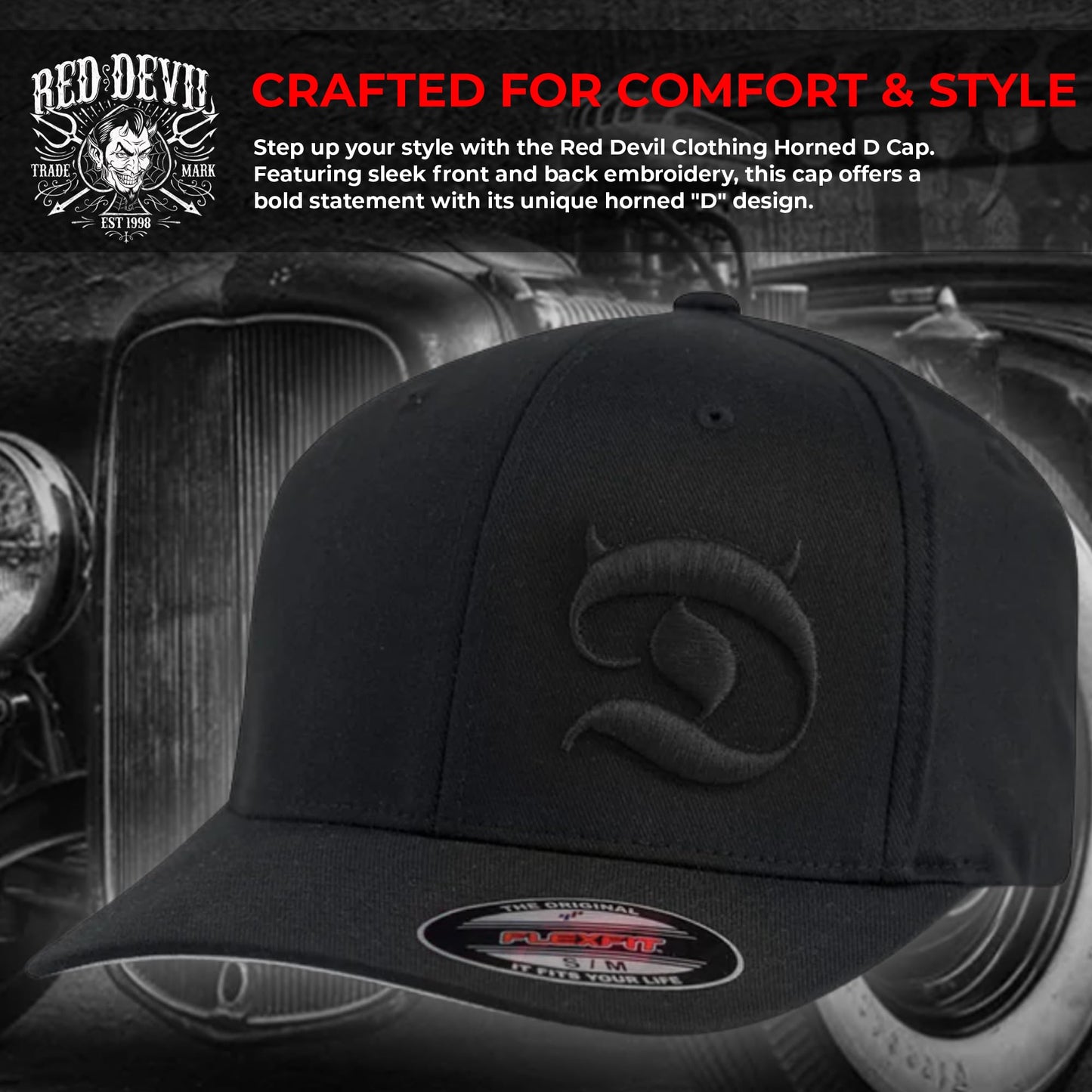Horned D Flex Fit 6-Panel Men's Cap – Pull-On Baseball Hat with Curved Bill, Embroidery Design, True Fit Streetwear Style for Men, Cotton/Poly/Spandex Blend – (L/XL (7 1/8" - 7 5/8")), Black