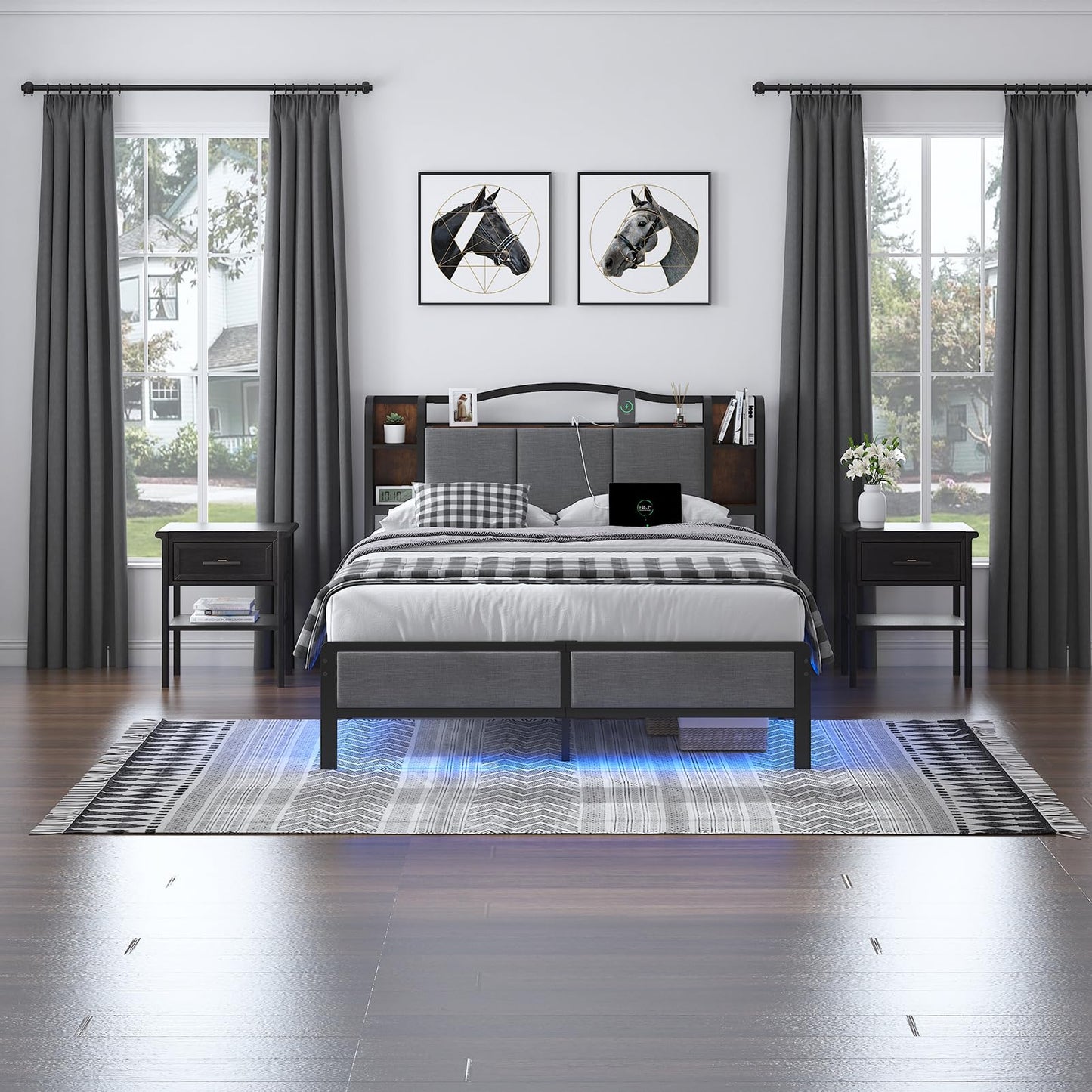 AROMUSTIME Queen Size Bed Frame with Upholstered Headboard & Footboard, Metal Bed Frame with LED Lights & Charging Station, No Box Spring Needed, Noise-Free Easy Assembly, Large Under Bed Storage