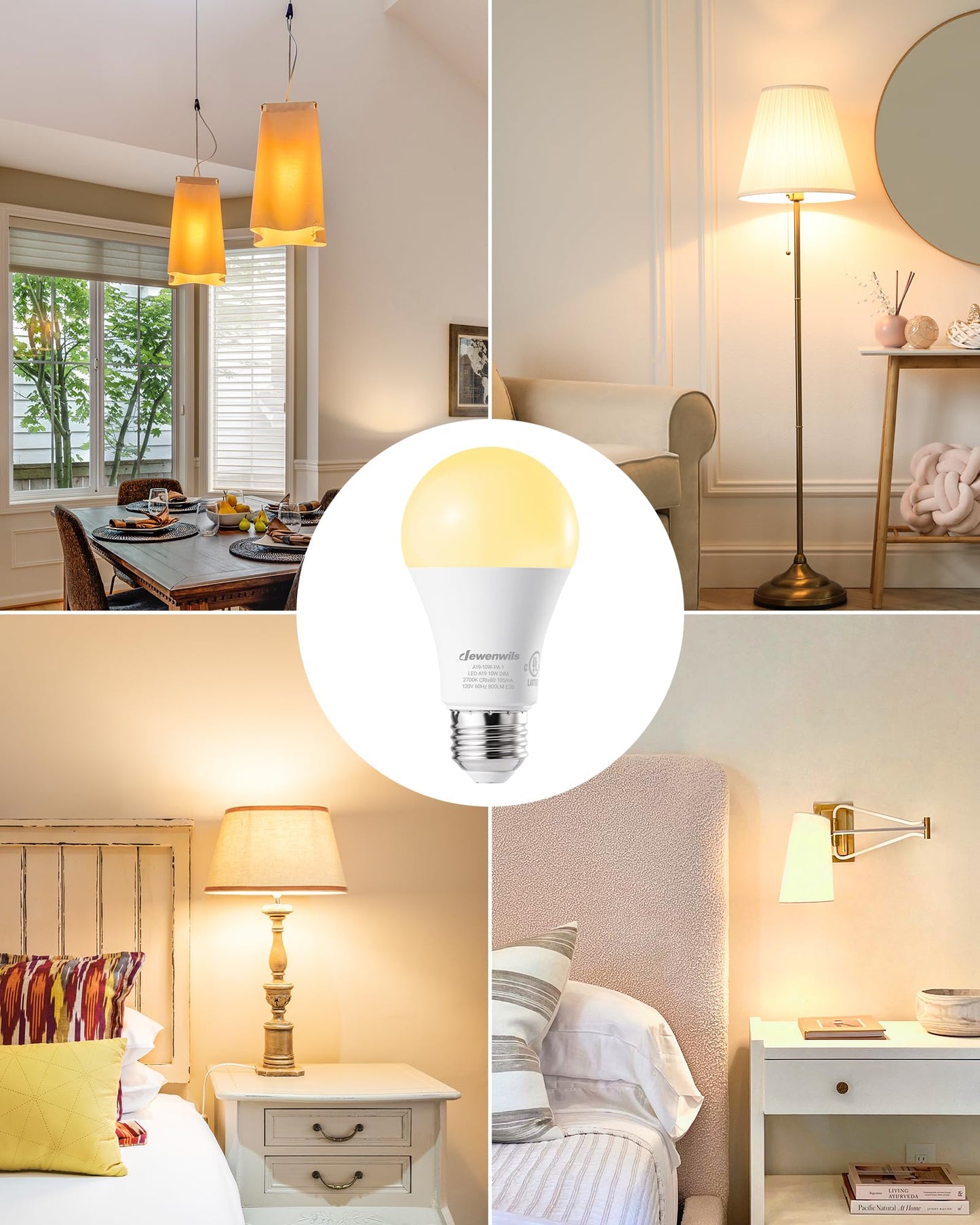 DEWENWILS 4-Pack A19 Dimmable LED Light Bulbs, 2700K Warm Light Bulbs, 800 Super Bright, 10W (60 Watt Equivalent) LED Bulb, E26 Base, UL Listed