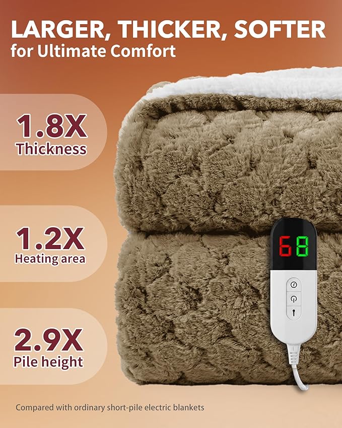 Homemate Electric Heated Throw Blanket - 50"x60" Luxury Faux Fur Heating Bed Blankets with 10 Heating Levels 8 Hours Auto Off Fast Heating Over-Heated Protection Ultra Soft Warm Flannel ETL Certified