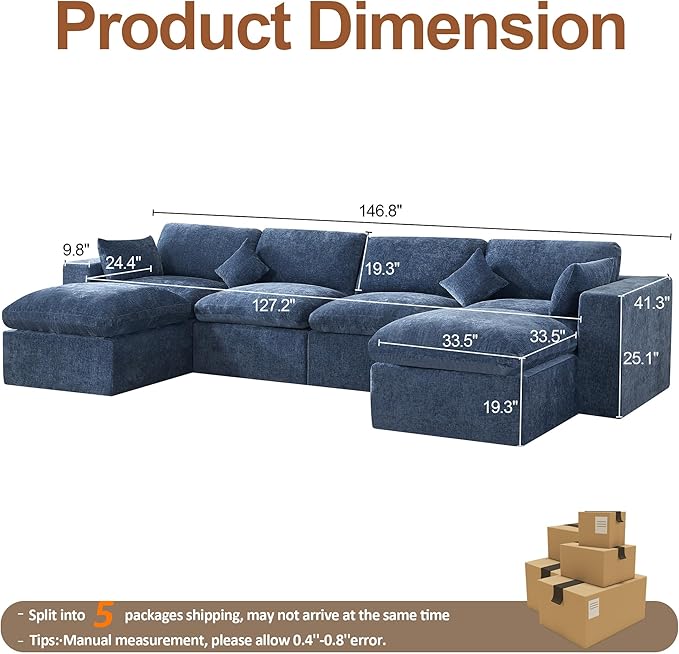 155''Cloud Boneless Sectional Couch, Modular Sectional Sofa Deep Seat with 2 Ottomans, Oversized Upholstered Convertible Comfy 6 Seater Chenille Sofa U Shape Couches for Living Room, Blue