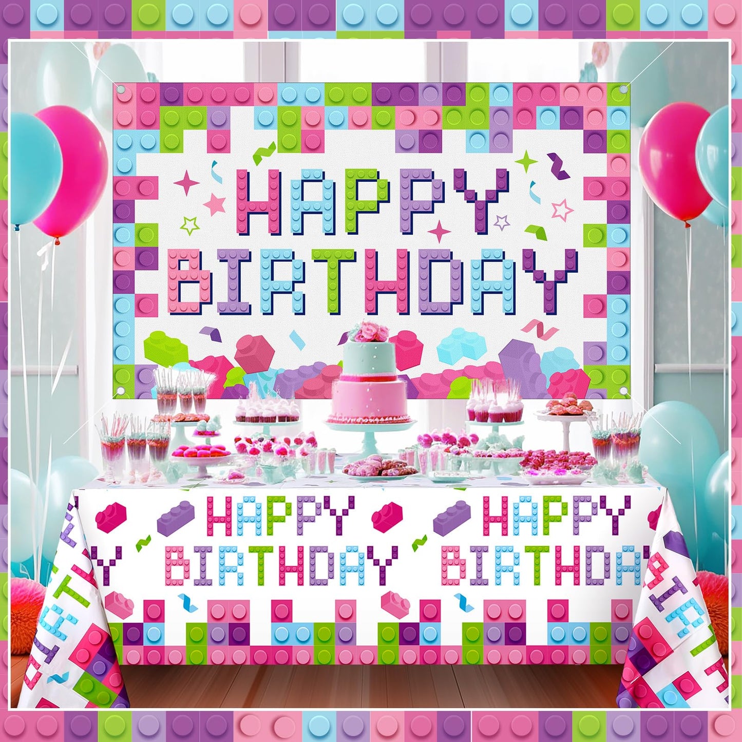 Newwiee 6 X 3.6 Ft Building Blocks Birthday Backdrop Banner Birthday Fabric Photography Backdrop Party Decorations For Girls And