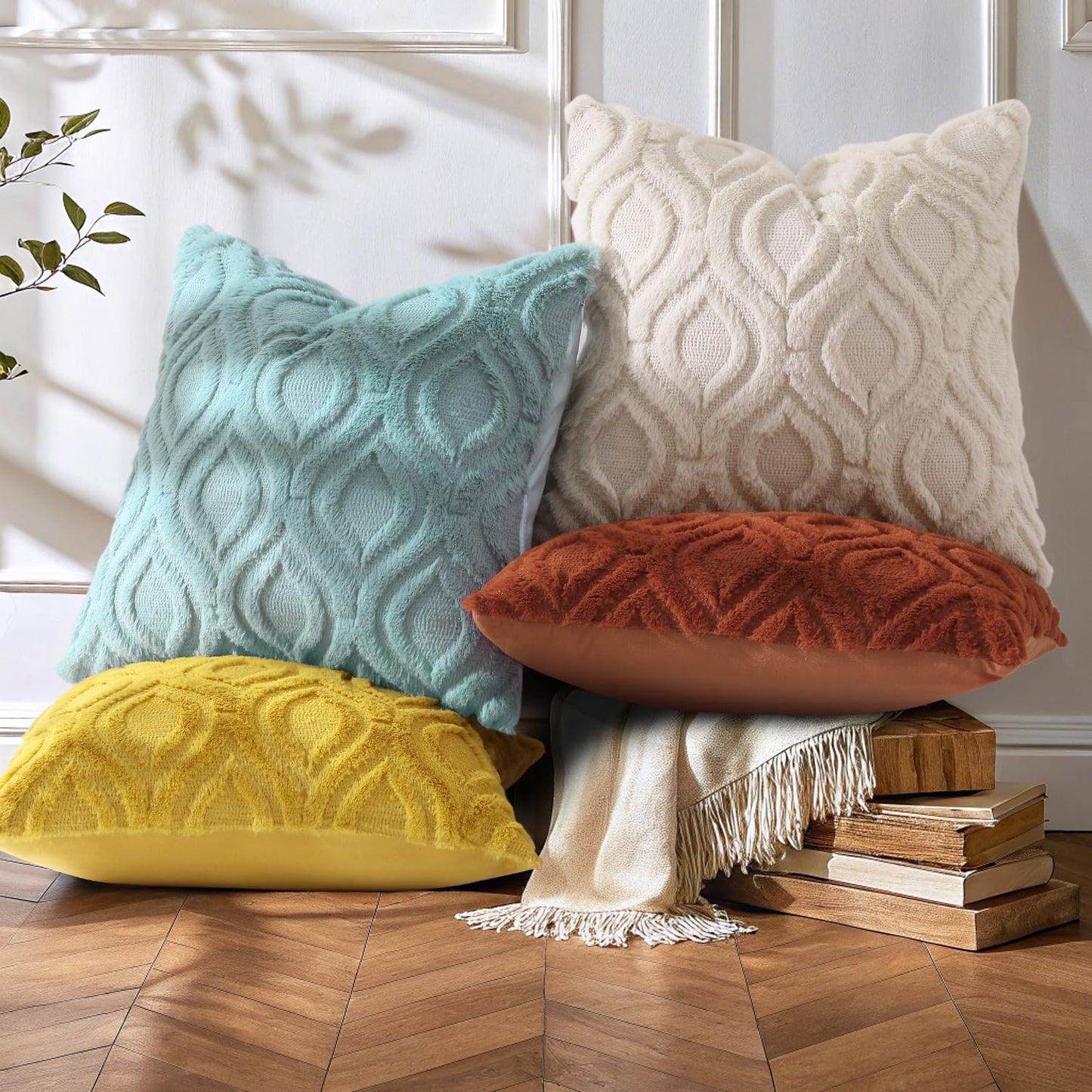 decorUhome Set of 4 Fall Throw Pillow Covers 18x18 Inch, Neutral Decorative Soft Plush Faux Wool Couch Pillow Covers, Farmhouse Pillow Cases for Sofa Bed Living Room Home Decor (Beige/Rust)