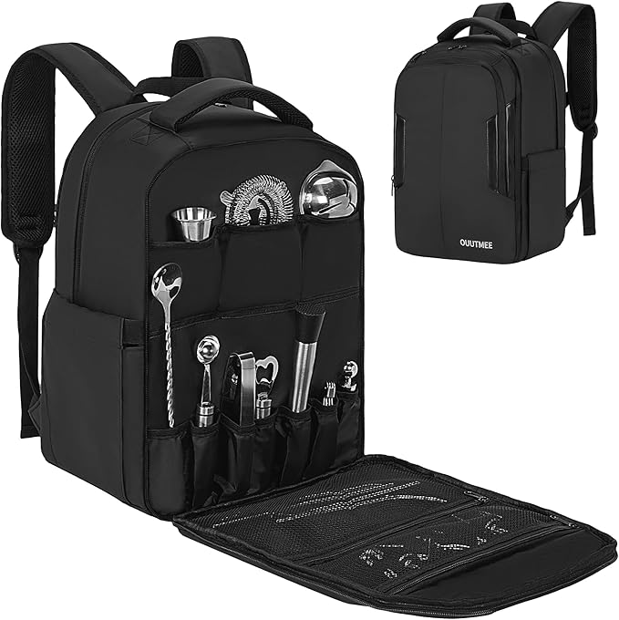 OUUTMEE Bartender Bag, Bartender Kit Travel Backpack for Cocktail Shaker Set, Portable Carrying Bag with Compartments for ...