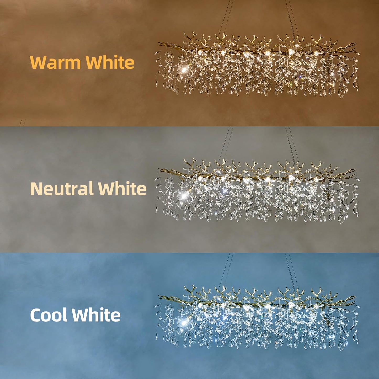 KJLARS Modern Rectangular Chandelier, 47.3" Gold Crystal Tree Branch Chandelier 14 Lights Luxury Raindrop Light for Dining Room, Kitchen Island, Living Room