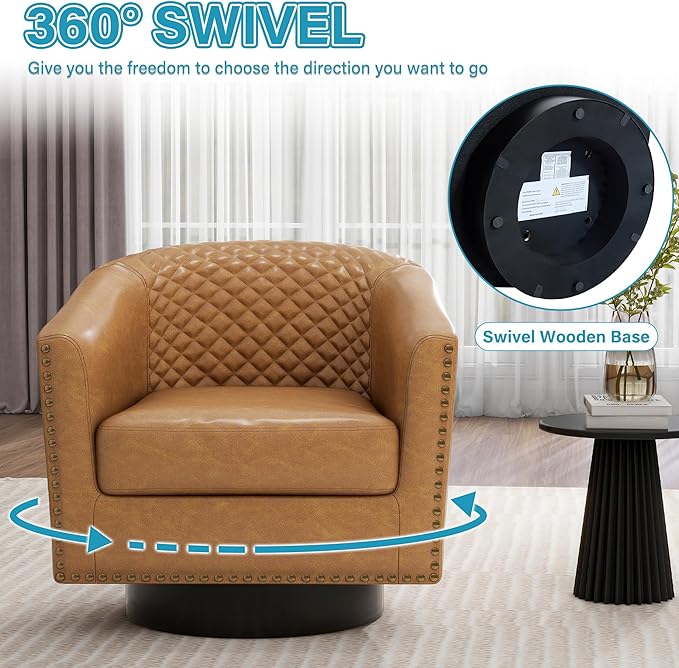 UIXE Swivel Barrel Accent Chairs Set of 2, Faux Leather Club Chair Upholstered Round Armchair for Living Room, Comfy Single Sofa Bedroom Reading Seat - Coffee
