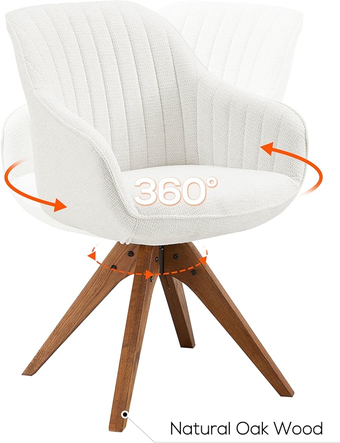 Art Leon Dining Chair, Mid Century Modern Fabric Upholstered Swivel Dining Room Chair with Wood Legs, Leisure Side Chair with Arms for Living Room, Ivory