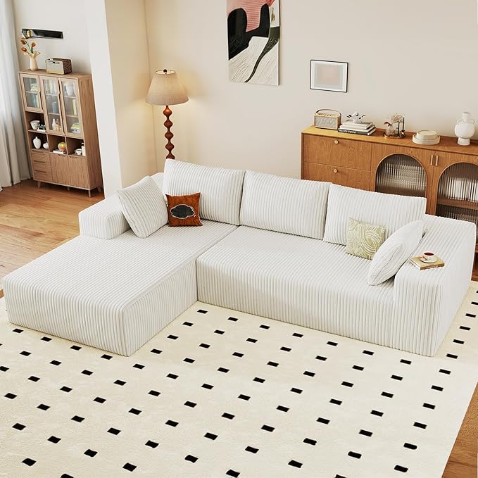 96" Cloud Sectional Couch with L-Shape Chaise, Modern Corduroy Boneless Couch for Living Room,Memory Foam Sofa with Deep Seat,No Assembly Required (White,Left-Facing Chaise)