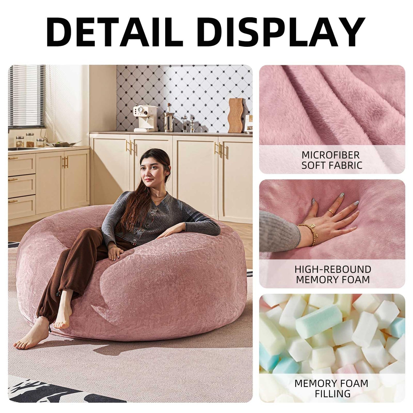 Bean Bag Chair 5Ft, Memory Foam Filled, Large Beanbag Chairs for Adults and Teens, Soft Sofa with Removable Flannel Cover, Round Couch for Living Room Bedroom College Dorm (Pink, 5FT-60×60"×24")