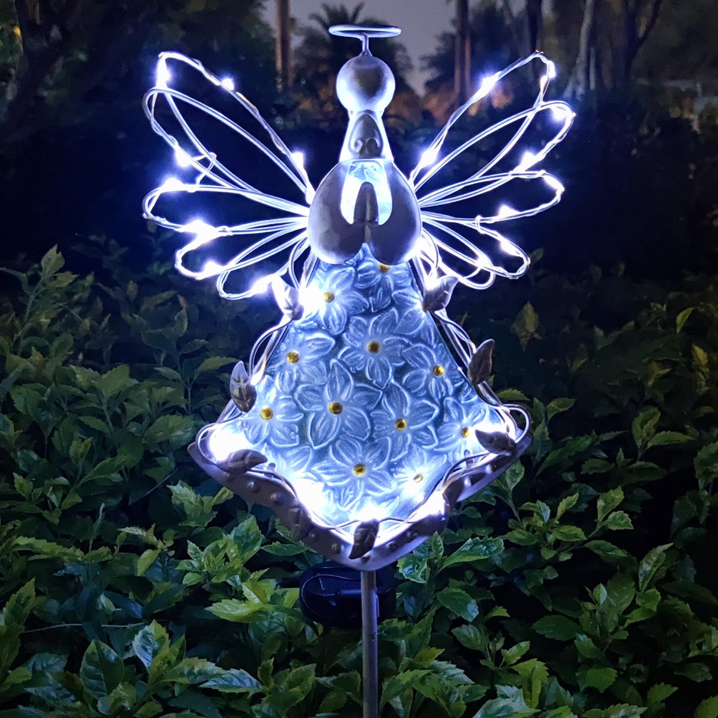 COOZZYHOUR 38Inch Angel Solar Lights Outdoor Decorative-Metal&Glass Angel Hydrangea Flower Garden Stake Lawn Light- Waterproof 30 Warm White LED for Remembrance Gifts & Grave Decorations (White)